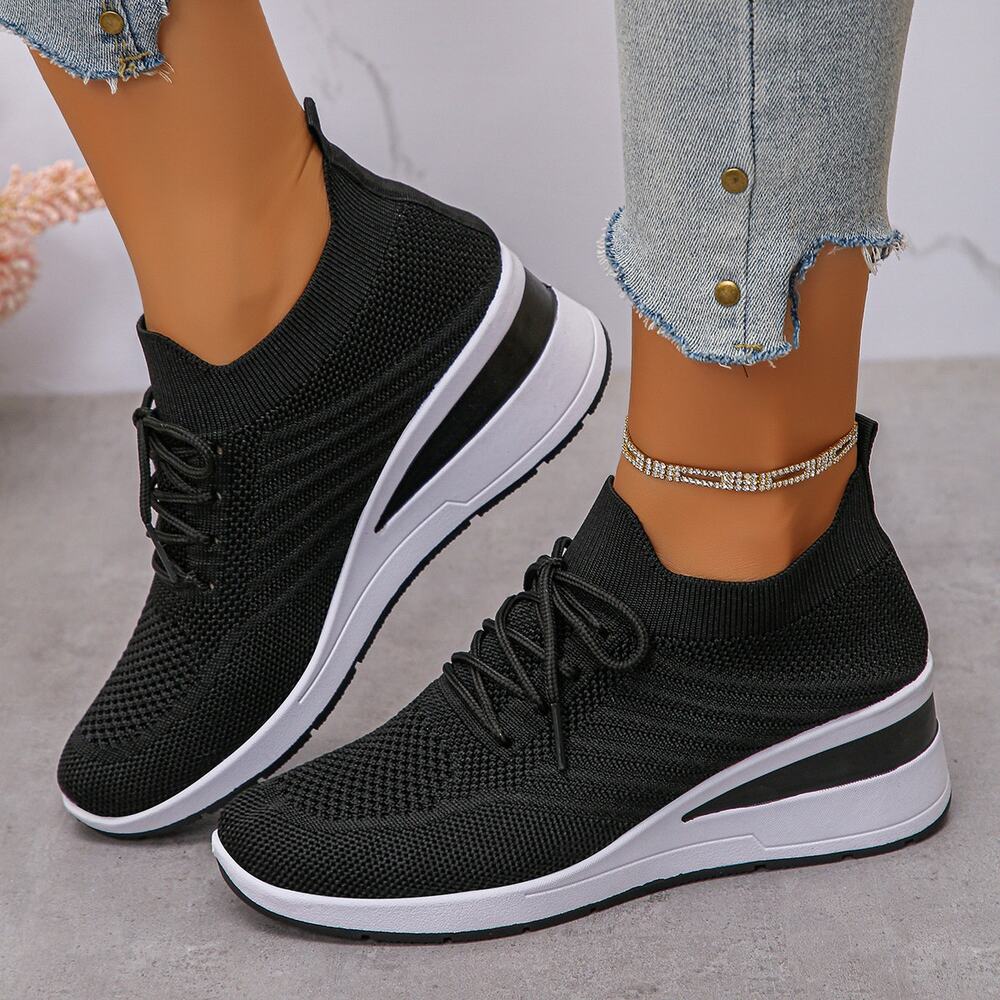Black Lace Up Wedge Sneakers Womens Size 9 Platform Athletic Casual Shoes - Picture 3 of 4